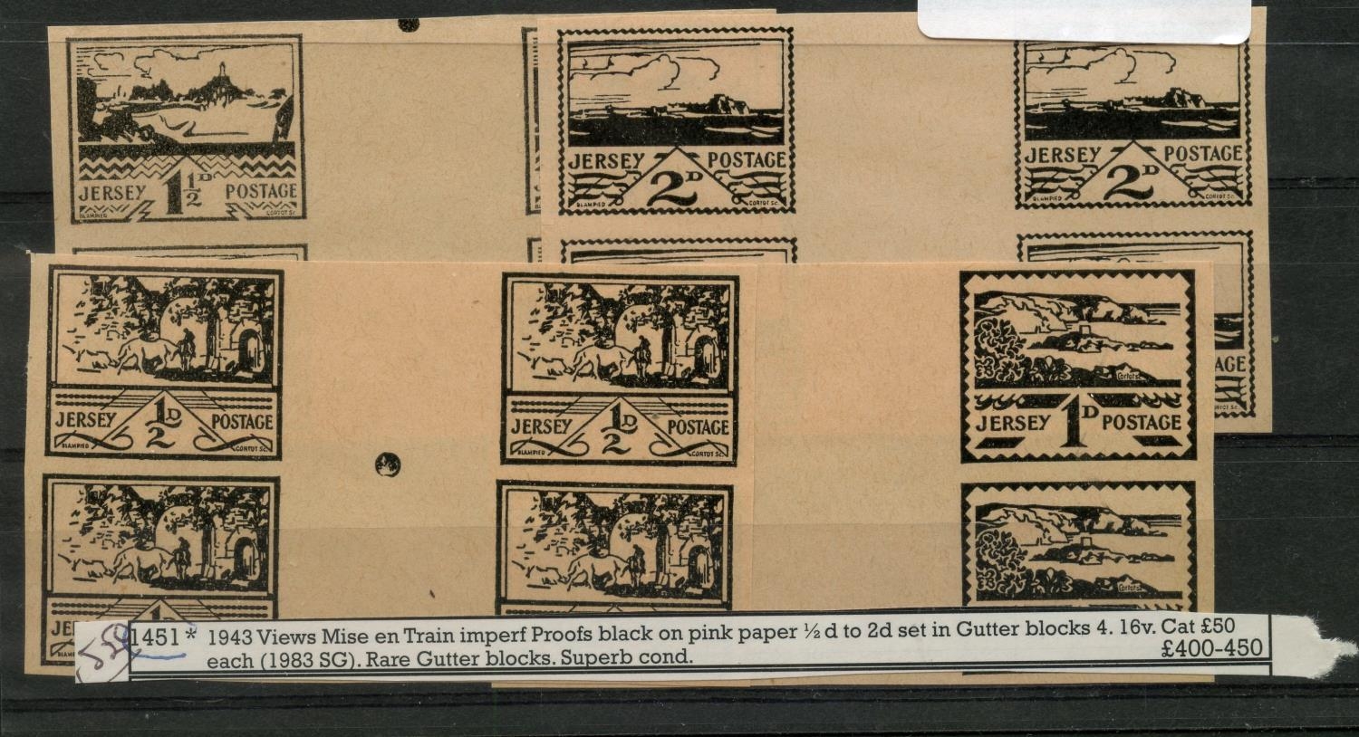 JERSEY 1943 ½d to 2d Views imperf proofs in black on pink paper ...