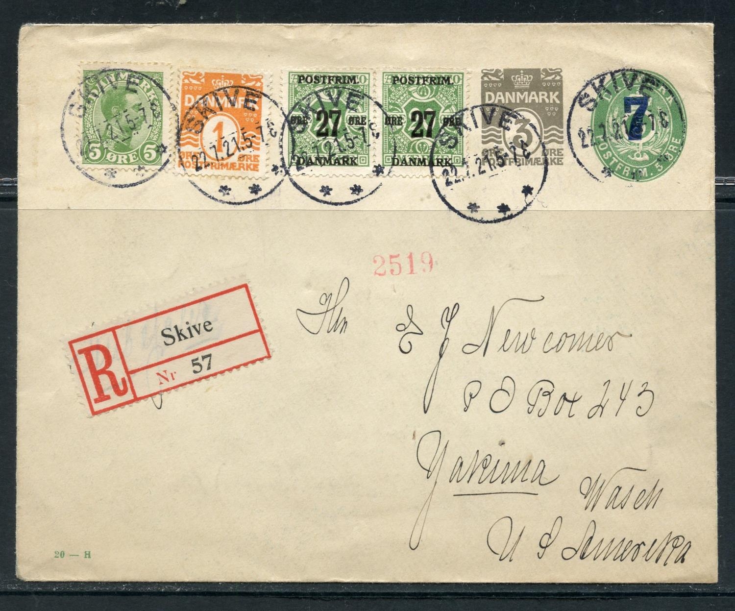 DENMARK 1921 registered uprated unusual Special Order postal stationery ...