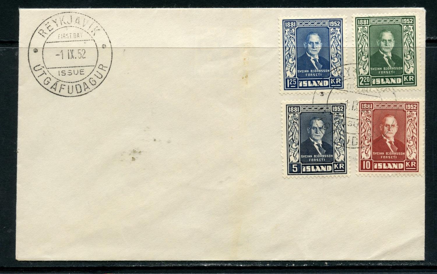 ICELAND 1952 First Day cover of Bjornsson set. Good condition.