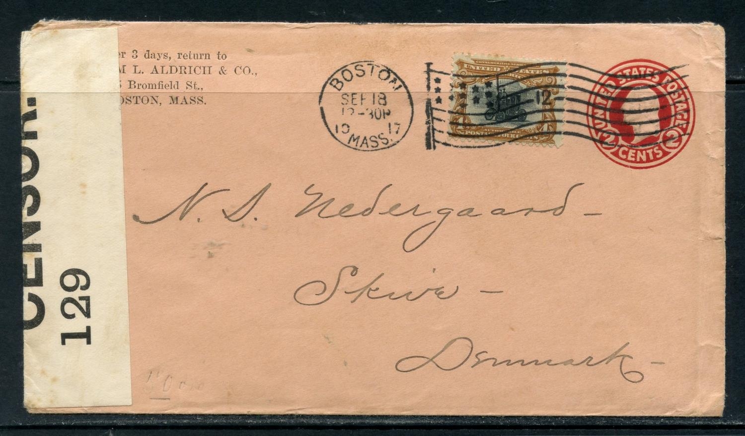 USA 1917 censored in Great Britain stationery envelope to Denmark ...