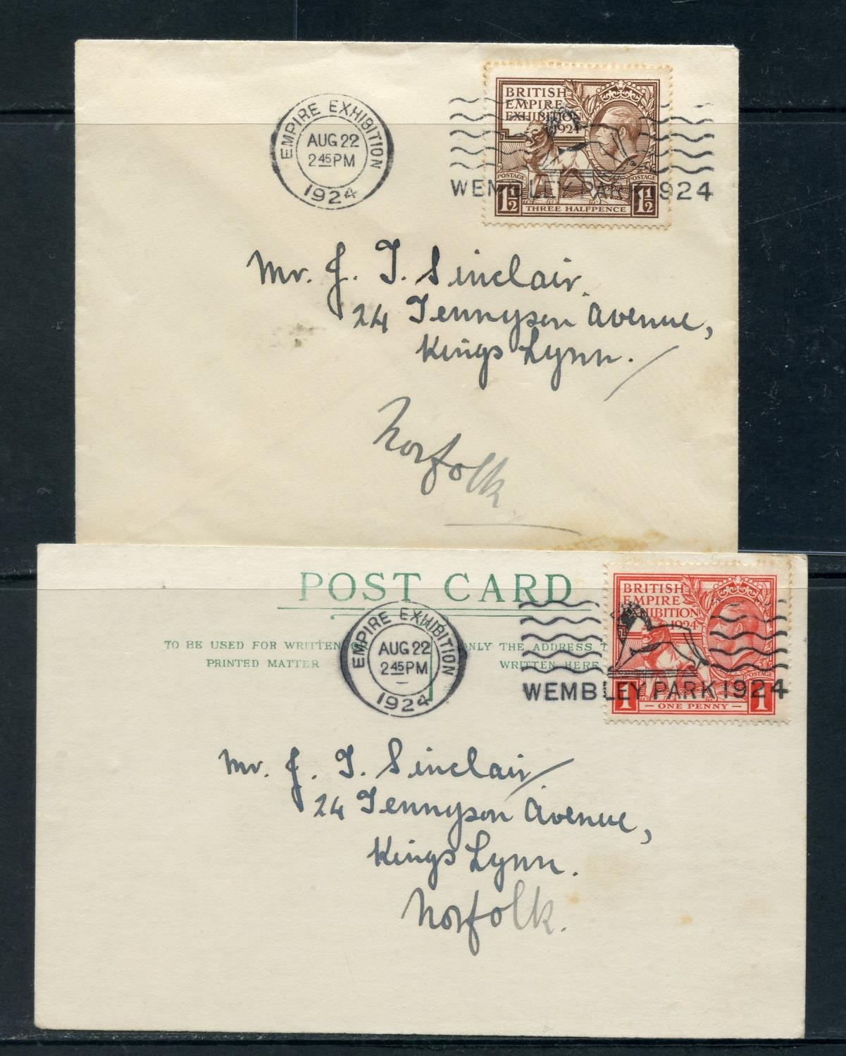 COVERS 1924 Wembley set on plain envelope and card each with Empire ...