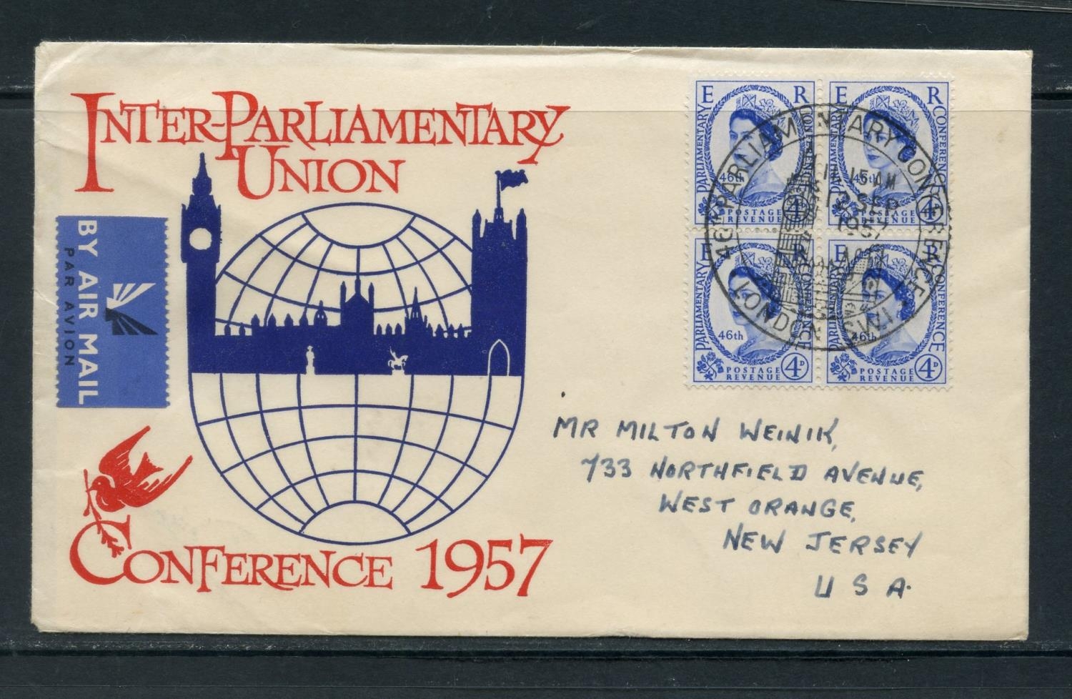 FDCs 1957 4d Parliamentary Conference block of 4 on illustrated, hand ...