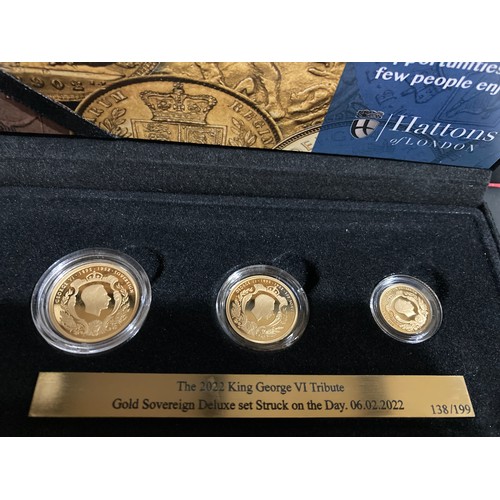 215 - Elizabeth II 2022 King George VI Tribute Gold Sovereign Deluxe Set, ltd. ed. 138 of 199, issued Tris... 