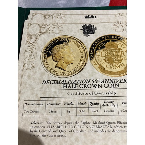 242 - London mint the day the country went decimal 9 coin set inc 9ct gold 2 crown coin all certificates i... 