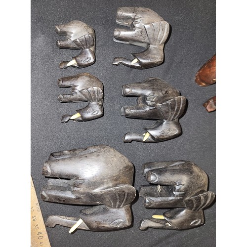 344 - carved wooden elephants x 9