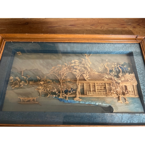 519 - Collection of vintage paintings on silk and cork dioramas