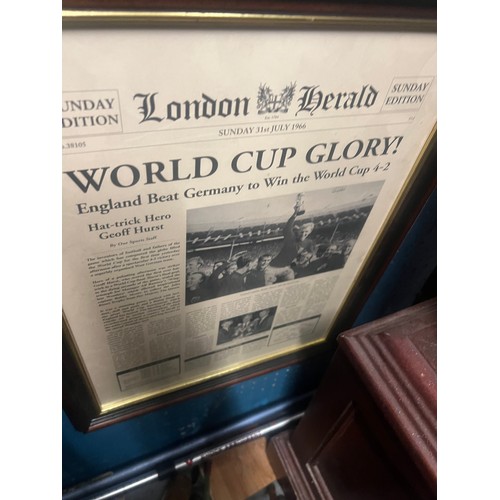 523 - Geoff Hurst signed print vs germany plus replice newspaper framed