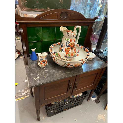 548 - EDWARDIAN WASH STAND WITH MARBLE TOP AND GREEN TILED BACK