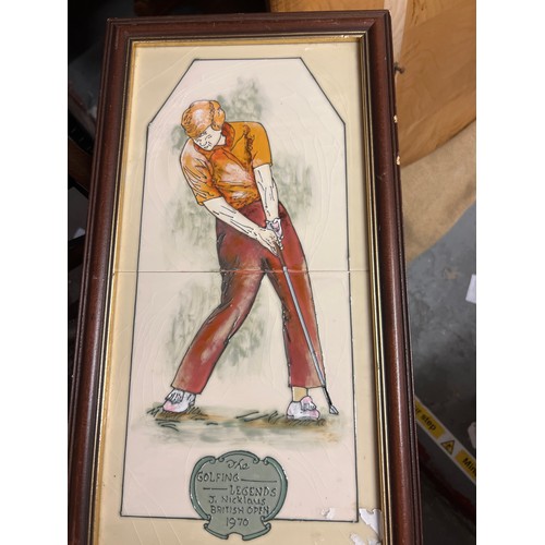 318 - glass golfer in dome + golf phone and gold tiled picture