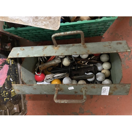 160 - METAL TOOL BOX & TOOL INCL GOLF BALLS