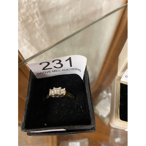 231 - BOXED 18CT GOLD THREE BAGETTE DIAMOND RING (SIZE S)