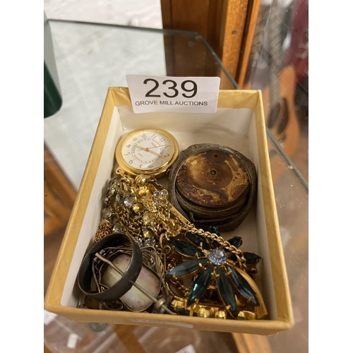 239 - SMALL BOX OF COSTUME JEWELLERY & WATCHES