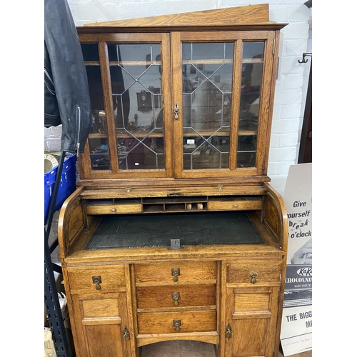 29 - VICTORIAN OAK SECRETARY BOOKCASE ROLL TOP BUREAU