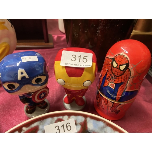 315 - CHARACTER CRUET SET & SPIDER MAN RUSSIAN DOLL