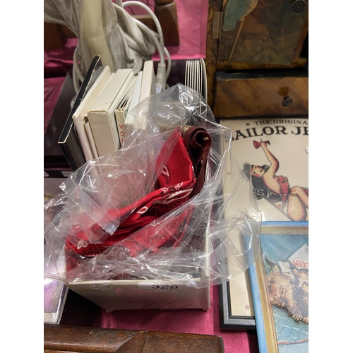 328 - SMALL BOX OF POSTCARDS & SCARVES