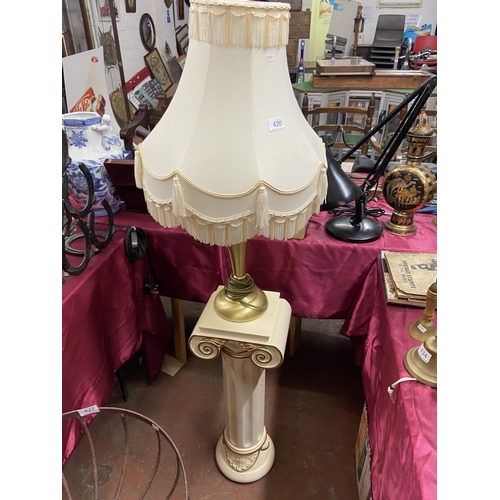 426 - LAMP & SHADE ON COLUMN PEDESTAL