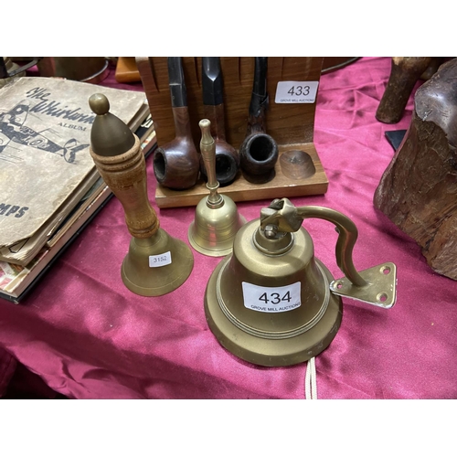 434 - 2 MINIATURE BRASS HAND BELLS & 1 WALL BELL