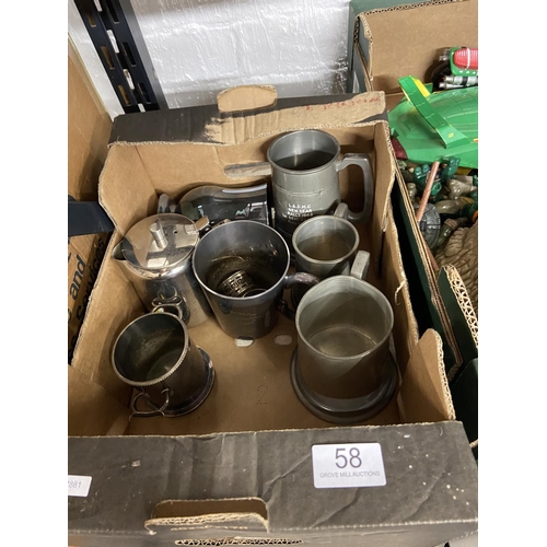 58 - BOX OF PEWTER TANKARDS