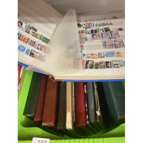 107 - BOX OF 13 VINTAGE ALBUMS OF STAMPS & STOCK BOOKS