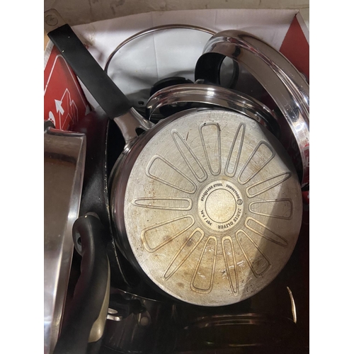 108 - BOX OF KITCHEN POTS & PANS