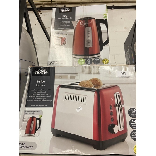 91 - BOXED RED TOASTER & BOXED RED KETTLE (A/F)