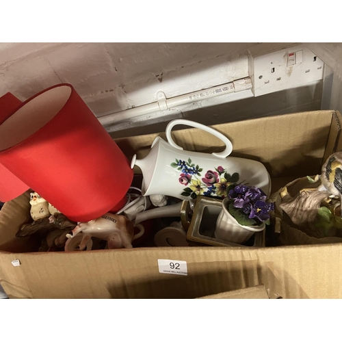92 - BOX OF POTTERY & 2 TABLE LAMPS