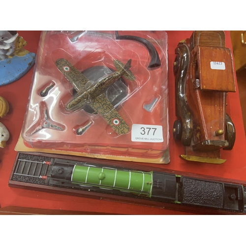 377 - WOODEN MODEL CAR, 'FLYING SCOTSMAN' & BOXED AEROPLANE KIT