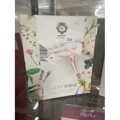 398 - BOXED NICKY CLARKE SUPER SHINE HAIR DRYER(A/F)