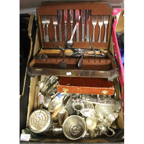 137 - BOX OF SILVER PLATE INCL BOXED & UNBOXED CUTLERY