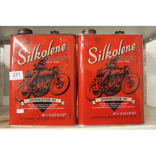 231 - 2 SILKOLENE MOTORCYCLE OIL CANS