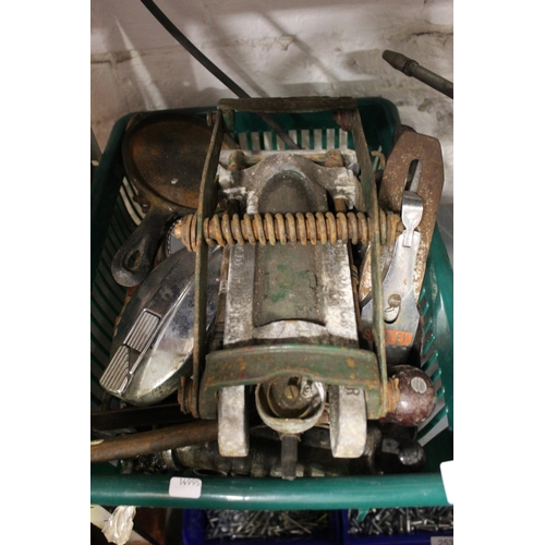 252 - BASKET OF TOOLS INCL STANLEY PLANER & FOOT PUMP