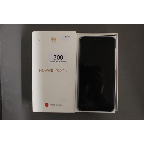 309 - BOXED HUAWEI P20 PRO (UNLOCKED FULLY WORKING) WITH CHARGER AND HEADPHONES