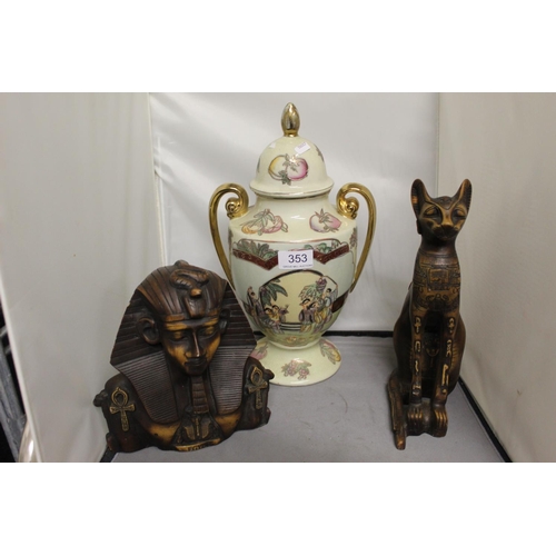 353 - 'PHARAOH' & 'SPHYNX' FIGURES & GUILDED 2 HANDLED VASE