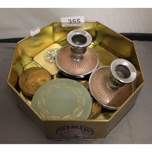 355 - TIN OF COMPACTS & CANDLE STANDS