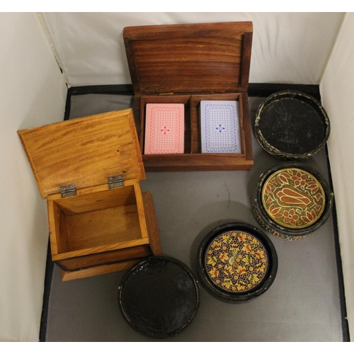 356 - BRASS INLAID 'CARD' BOX, SMALL PAINTED BOX & 2 CASED COASTERS