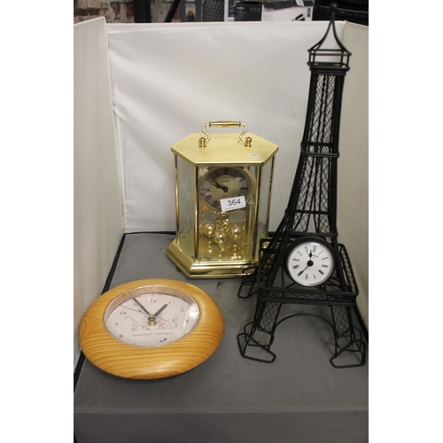 364 - EIFFEL TOWER CLOCK, BRASS MANTLE CLOCK & A WALL CLOCK