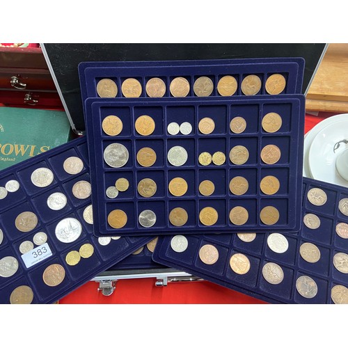 383 - ALUMINIUM COIN CASE WITH 6 TRAYS OF COINS