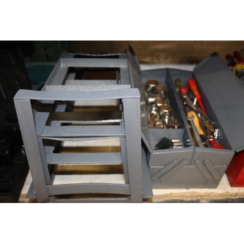 109 - METAL TOOL BOX & TOOLS & CAR RAMPS