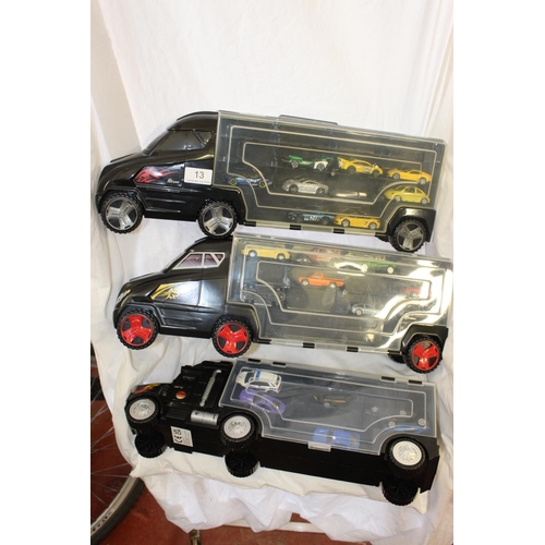 13 - 3 TOY CAR TRANSPORTER TRUCKS & PLAYWORN CARS