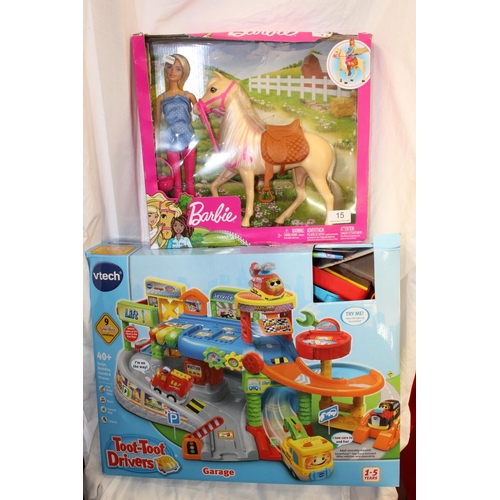 15 - BOXED BARBIE DOLL & HORSE FXH13 & BOXED V-TECH TOOT TOOT DRIVERS GARAGE(LIKE NEW)