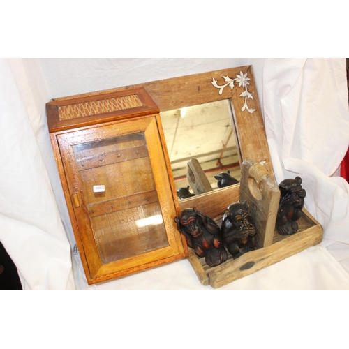 151 - MIRROR, KEY BOX, 3 WISE MONKEYS & SMALL TRAY