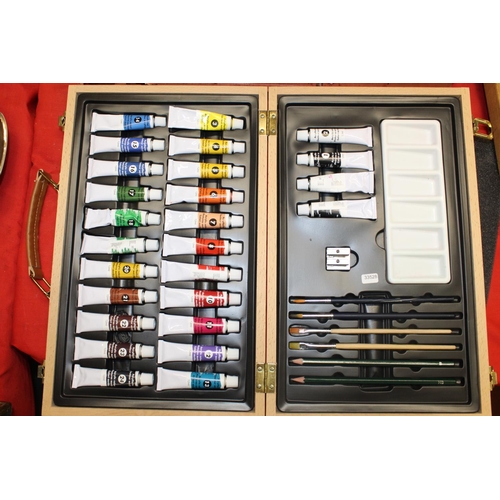 186 - WOODEN ARTIST'S EASEL & ACRYLIC PAINT BOX