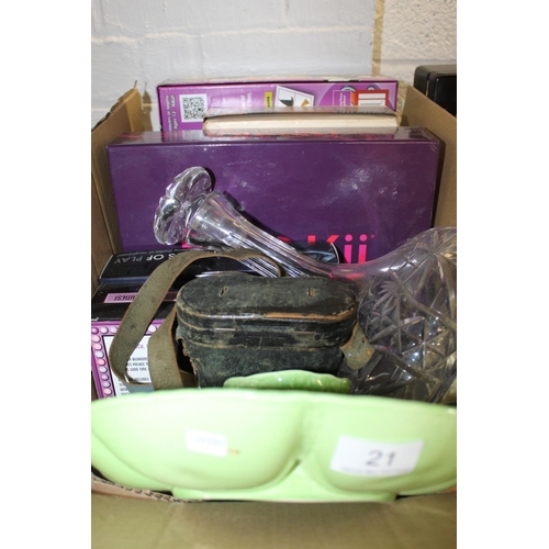 21 - BOX OF MIXED ITEMS INCL GLASS DECANTER, CASED VINTAGE BINOCULARS & BOXED GAMES