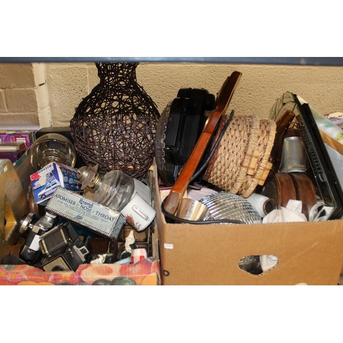 22 - 2 BOXES OF MIXED ITEMS INCL VINTAGE CAMERAS, GLITTER BALL & WICKER