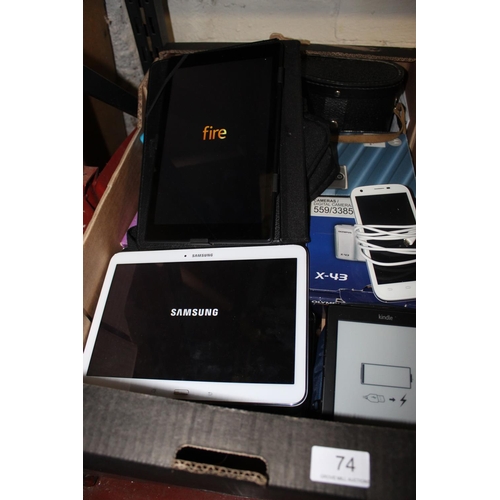 74 - BOX INCL SAMSUNG TABLETS, FIRE TABLET, MOBILE PHONES, CASED BINOCULARS & CAMERAS(SOME GWO)