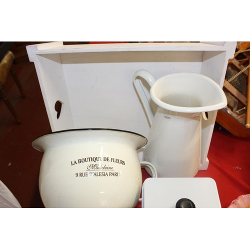 144 - WOODEN TRAY & METAL ITEMS INCL KITCHEN CANISTERS & 'CHAMBER POT'