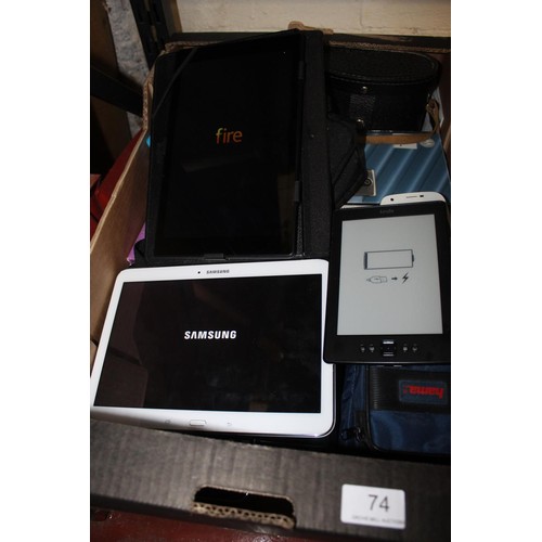 74 - BOX INCL SAMSUNG TABLETS, FIRE TABLET, MOBILE PHONES, CASED BINOCULARS & CAMERAS(SOME GWO)