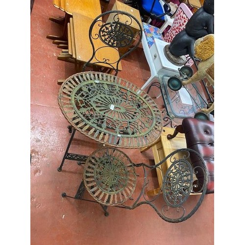 504 - OVAL WROUGHT IRON BISTRO TABLE & 2 CHAIRS