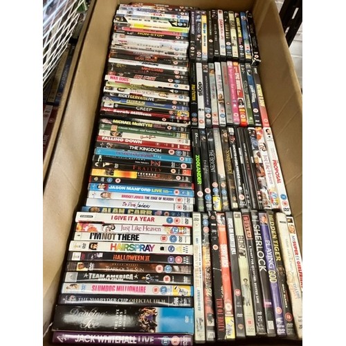 93 - 3 LARGE BOXES OF DVDS & BASKET OF CDS