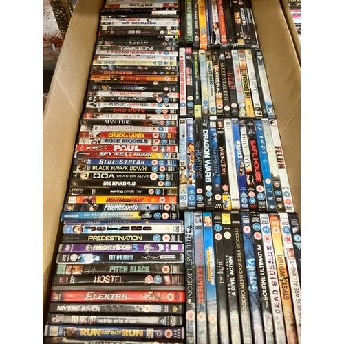 93 - 3 LARGE BOXES OF DVDS & BASKET OF CDS